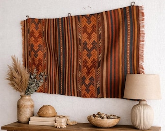 Embroidery Tapestry Wall Hanging, Vintage Turkish Kilim Rug, Boho Accent Decor Art (35x22)