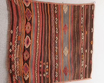 Vintage Turkish Kilim Rug Tapestry: Embroidered Boho Wall Hanging (33x29 in