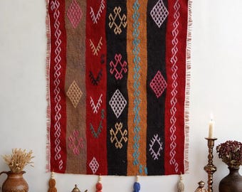 Anatolian Tapestry Art Vintage Turkish Kilim, Embroidered Boho Tribal Wall Hanging Ethnic Rug