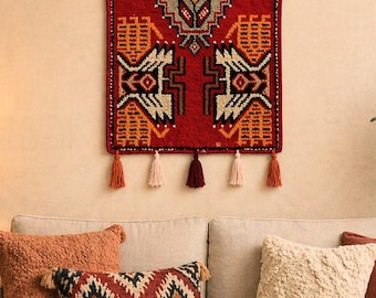 Vintage Decor Rug, Turkish Small Wall Art, Handwoven Wool Boho Ethnic Tapestry