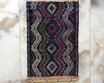 Vintage Kilim Jute Wall Hanging Rug, Blue Turkish Tapestry Embroidery, Boho Home Decor (33x16 inch)