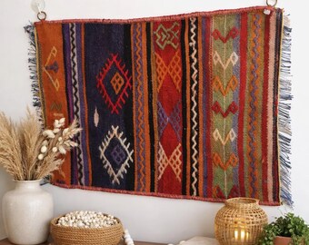 Woven Turkish Hanging Kilim Rug Tapestry, Embroidered Ethnic Boho Nomadic Wall Art (26"x19")