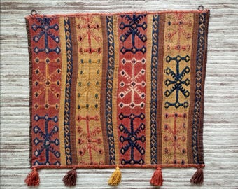 Vintage Wall Tapestry, Turkish Hanging Kilim Rug, Embroidery Woven Art Boho Decor