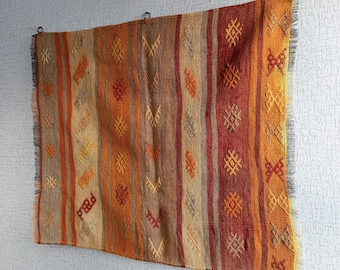 Embroidered Kilim Wall Hanging: Vintage Tapestry Turkish Boho Rug Art 29x33