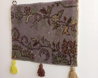 Small Wall Rug Tapestry, Vintage Turkish Art, Handwoven Wool Decor, Boho Carpet with Fringes