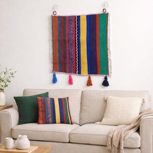 Striped Kilim Wall Hanging, Vintage Turkish Rug Tapestry Art, Boho Colorful Decor