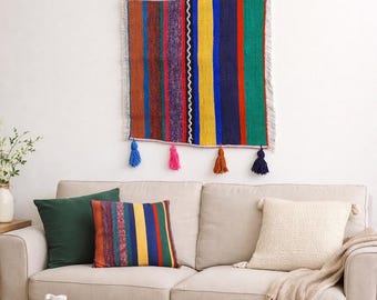Gestreifter Kelim-Wandbehang, Vintage türkische Teppich-Kunst, Boho buntes Dekor