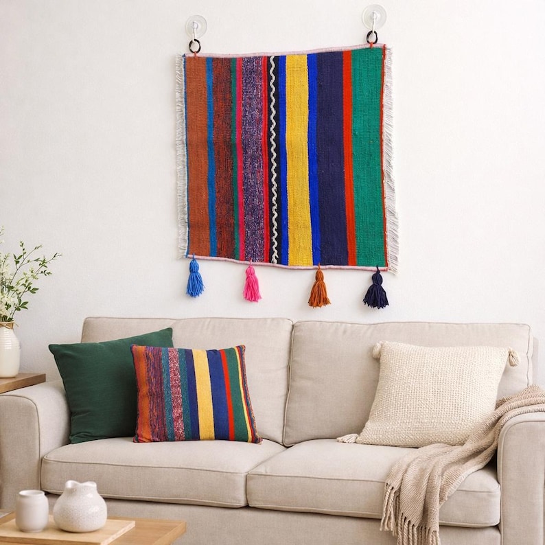 Striped Kilim Wall Hanging, Vintage Turkish Rug Tapestry Art, Boho Colorful Decor