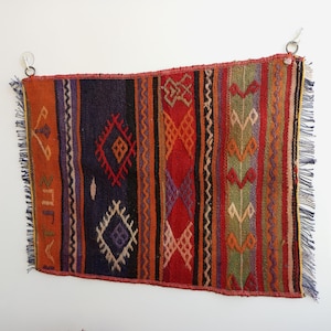 Woven Turkish Kilim Rug Tapestry: Embroidered Boho Wall Art (26&quot;x19&quot;)