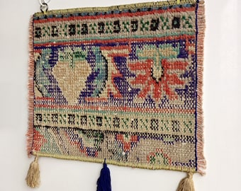 Wall Art Rug , Handwoven Turkish Tapestry Hanging, Vintage Boho Ethnic Decor Carpet