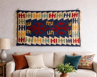 Vintage Kelim Wandbehang Kunst, Handgewebter Anatolischer Wandteppich Boho, Tribal Dekor 90x50 cm