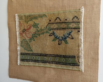 Jute Tapestry with Vintage Tribal Anatolian Rug Accent, Handmade Ethnic Boho Wall Art