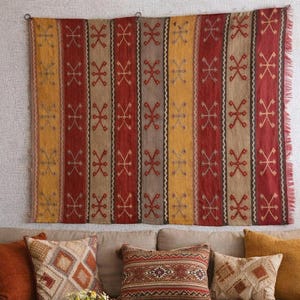 Vintage Wall Hanging Kilim Rug, Anatolian Ethnic Turkish Boho Tapestry Art (36x34 inches)
