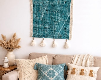 Arazzo da appendere, tappeto turco da parete, regali vintage, piccola decorazione etnica boho con frange