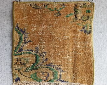 Vintage Handwoven Wool Tapestry Rug, Mid-Century Modern Wall Decor (19.68 x 17.32 inches)