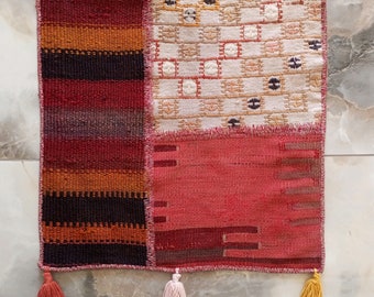 Vintage Turkish Kilim Wall Hanging: Handwoven Patchwork Rug with Fringes
