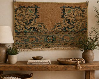 Arazzo vintage da parete, arazzo turco tessuto a mano, pezzo unico di arredamento etnico boho antico.