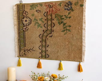 Ethnic Tapestry, Vintage Turkish Rug Wall Hanging, Handwoven Green Boho Decor Eclectic Art