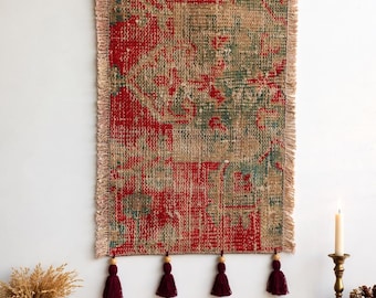 Vintage Wall Rug, Turkish Tapestry Art, Wool Hanging Abstract  Unique Decor with Fringes