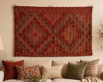 Vintage Turkish Kilim Rug Wall Hanging, Large Ethnic Tapestry  Embroidery Art (39"x29")