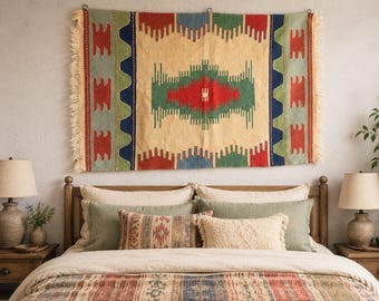 Tapeçaria Kilim Vintage, Tapete de Parede Anatólia Grande, Decoração Étnica Boho Tecida à Mão (51x37 polegadas)