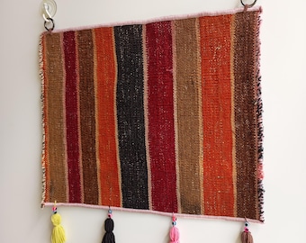 Striped Kilim Tapestry, Ethnic Wall Hanging, Vintage Handwoven Turkish Art, Boho Cozy Decor