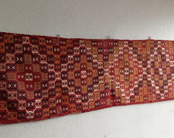 Vintage Red Kilim Wall Hanging Rug Art, Embroidered Turkish Large Tapestry Decor (73”x24 “)