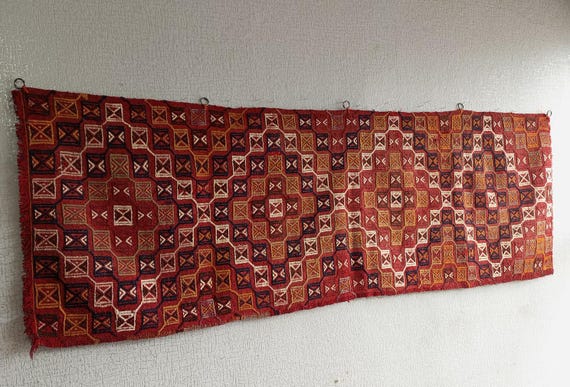 Vintage Red Kilim Wall Hanging Rug Art, Embroidered Turkish Large Tapestry Decor (73”x24 “)