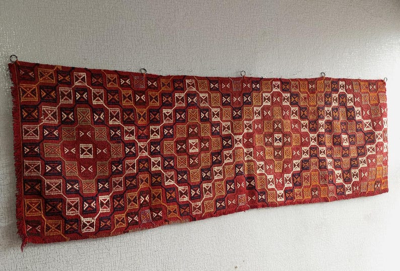 Boho Kilim Wall Hanging Rug, Red Vintage Embroidered Turkish Long Tapestry, Ethnic Elegant Decor Art, Unique Home Gift WH- 73”x24 “