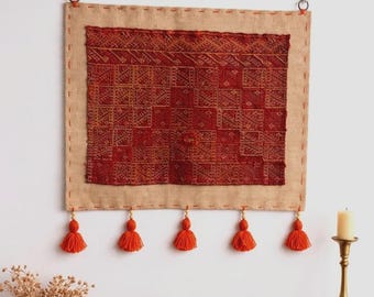 Red Kilim Wall Hanging Tapestry On Jute, Turkish Anatolian Tribal Decor, Ethnic Boho Art