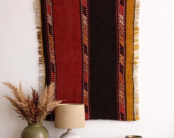 Kilim Wall Hanging Stiped Boho Rug, Turkish Handwoven Wool Tapestry Art Ethnic Decor