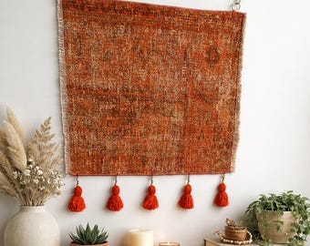 Orange Rug Woven Vintage Tapestry, Modern Mid-Century Turkish Abstract Hanging Wall Art
