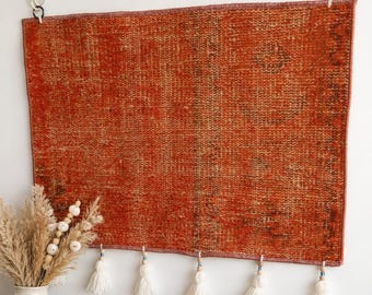 Orange Turkish Wall Rug Tapestry, Abstract Boho Hanging, Ethnic Decor Art, Evel Eye Fringes