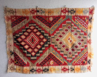 Vintage Kilim Wall Hanging, Boho Woven Tapestry, Ethnic Tribal Antique Decor Art (53"x42")