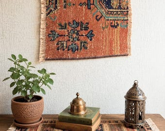Tapete de tapeçaria pequeno, arte turca vintage tecida, tapeçaria de parede boho da Anatólia, decoração étnica