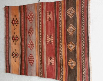 Vintage Rustic Large Kilim Wall Hanging, Embroidered Boho Turkish Tapestry Rug (42x33 inches)