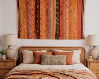 Vintage Kilim Rug Tapestry Art, Embroidered Wool Wall Hanging, Bohemian Decor
