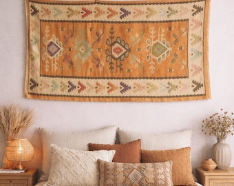 Ethnic Kilim Tapestry Woven Rug, Large Vintage Turkish Boho Wall Hanging Art (55x28)