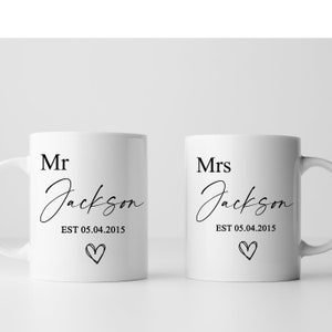 Mr and Mrs Wedding Mug Personalised | His and Hers Couples Mug | Custom Wedding Engagement Valentines Bridesmaids Gift | Tea Coffee Mug