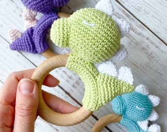 Dinosaur Rattle - Sensory Toy - Handmade - Wood & Cotton - Newborn Baby Gift - Teething Toy - High Quality