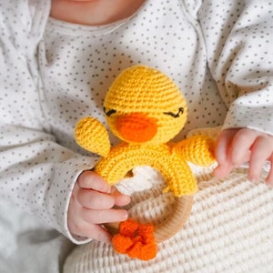 Duck Rattle Teether Sensory Toy Handmade Wood & Cotton Baby Gift Teething Toy High Quality Made To Order image 1