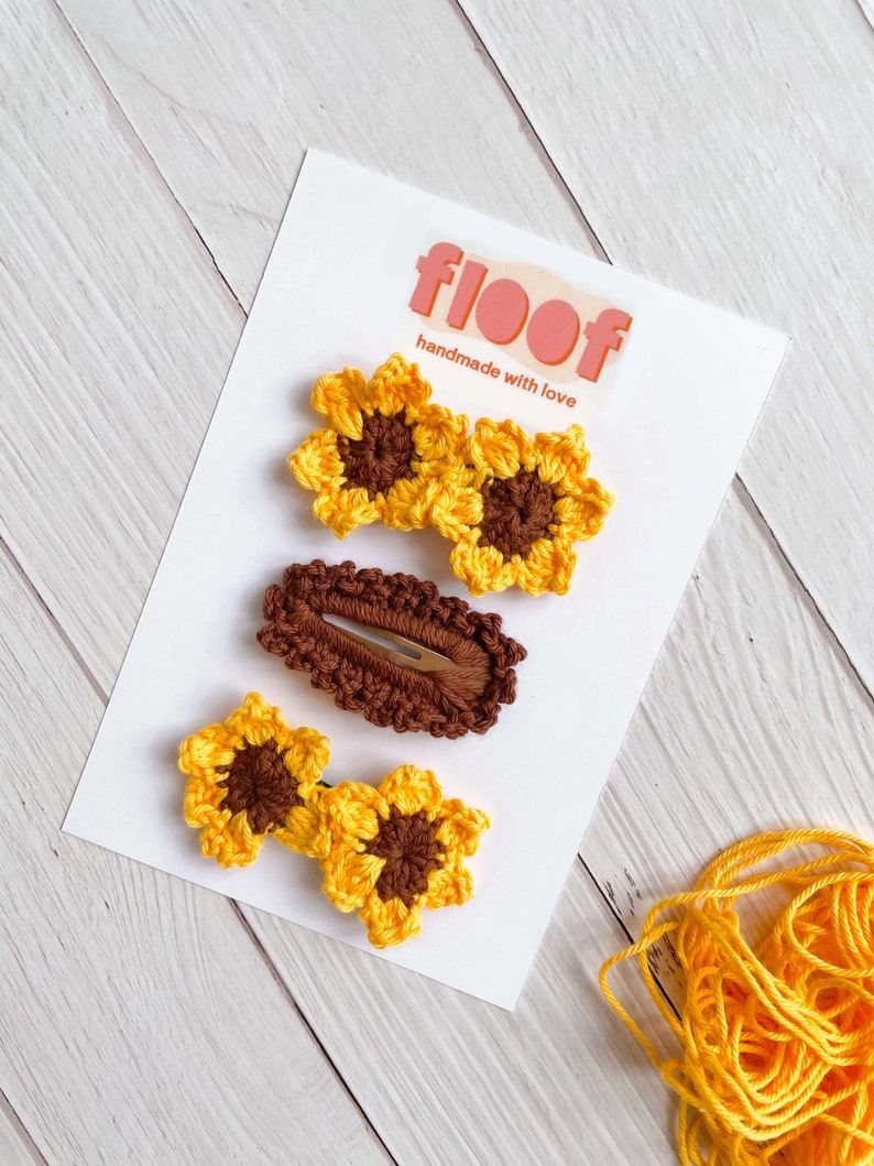 Sunflower Hair Clips Set of 3 Hair Accessories Handmade High Quality Snap Clip Crochet Boho Accessories image 1
