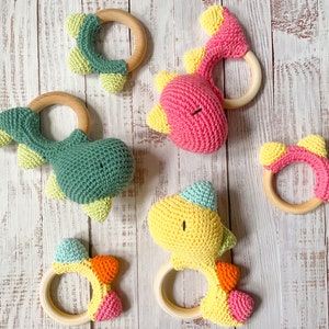 New Baby Gift Set Dinosaur Rattle Teether Welcome Home Sensory Toy Handmade Crochet High Quality image 8