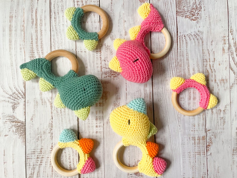 Dinosaur Rattle Teether Sensory Toy Handmade Wooden Ring Newborn Baby Gift Set Teething Toy Crochet High Quality image 8