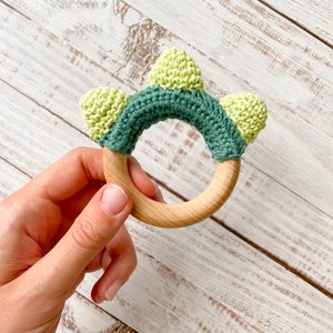 Dinosaur Rattle Teether Sensory Toy Handmade Wooden Ring Newborn Baby Gift Set Teething Toy Crochet High Quality image 10