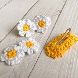 Pinces à cheveux fleur Ensemble de 3 Marguerites Accessoires pour cheveux Fait à la main Haute qualité Snap Clip Crochet Accessoires Boho Fabriqué sur commande image 6