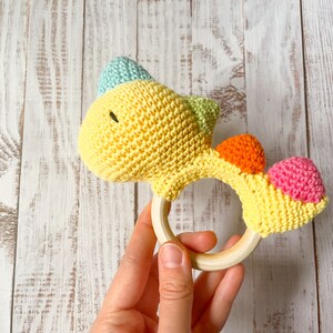 Dinosaur Rattle Teether Sensory Toy Handmade Wooden Ring Newborn Baby Gift Set Teething Toy Crochet High Quality image 9