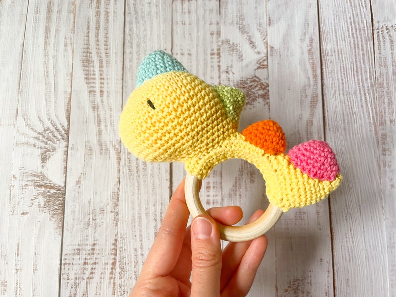 Dinosaur Rattle Teether Sensory Toy Handmade Wooden Ring Newborn Baby Gift Set Teething Toy Crochet High Quality image 9