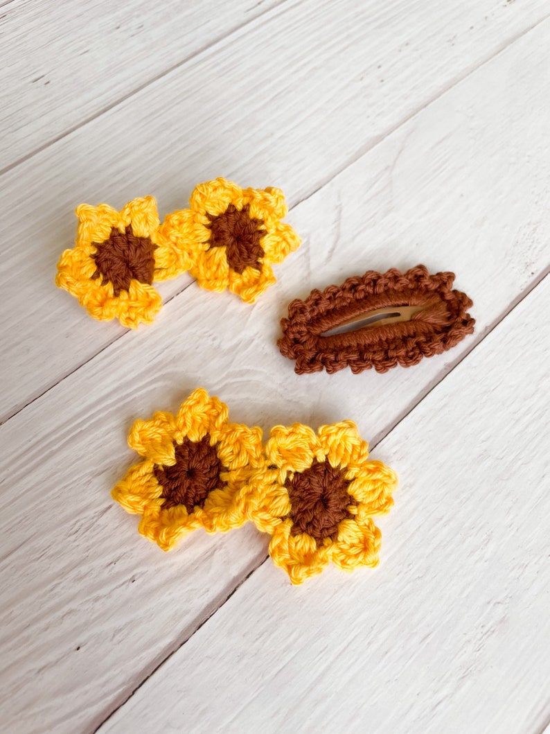 Sunflower Hair Clips Set of 3 Hair Accessories Handmade High Quality Snap Clip Crochet Boho Accessories image 3