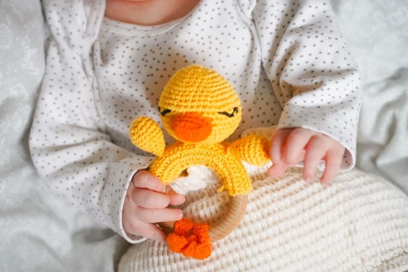 Duck Rattle Teether Sensory Toy Handmade Wood & Cotton Baby Gift Teething Toy High Quality Made To Order image 1